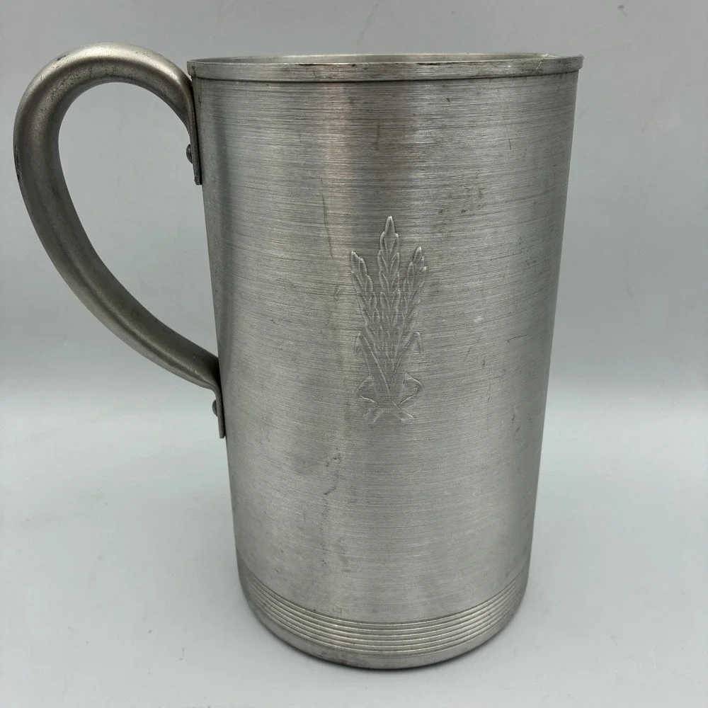 Vintage Aluminum Wheat Pitcher and 4 Tumbler Cup Set Silver Mid Century Modern